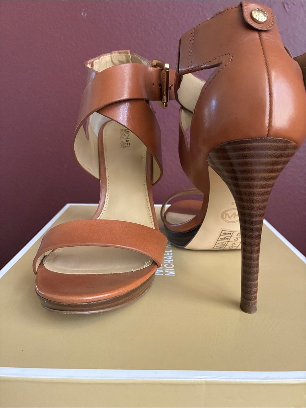 Michael Kors Luggage Leather Josephine Open Toe High Heel Sandals - Picture 9 of 9